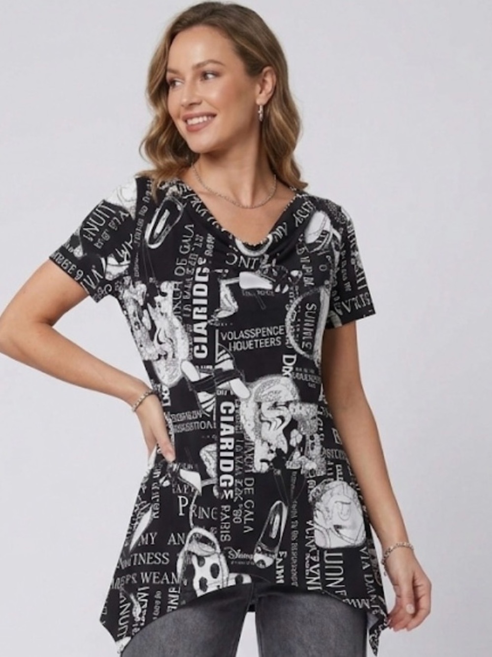 Modes Crystal Fashion Chic Newspaper Print Short Sleeve High Low Tunic Top